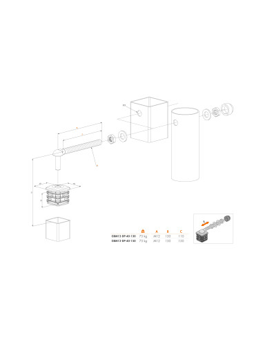 CHARNIERE + BOUCHONS ALU PROFIL 40x40 + TIGE FILETEE 130mm