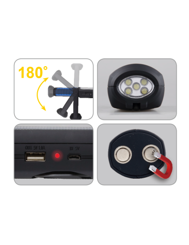 LAMPE D'INSPECTION COB 3W + 5 LED (300lm) - 7200K° BLANC - RECHARGEABLE USB 5V