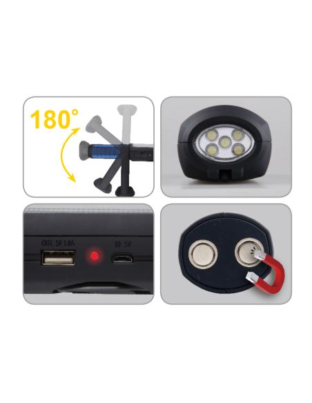 LAMPE D'INSPECTION COB 3W + 5 LED (300lm) - 7200K° BLANC - RECHARGEABLE USB 5V